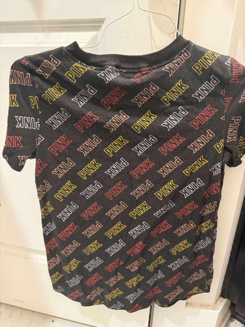 PINK Victoria's Secret Black Tee with Red Yellow and White Logo Print